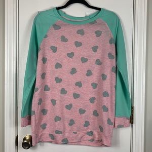 Pink with teal blue long sleeves thin sweatshirt size Small. Has teal hearts